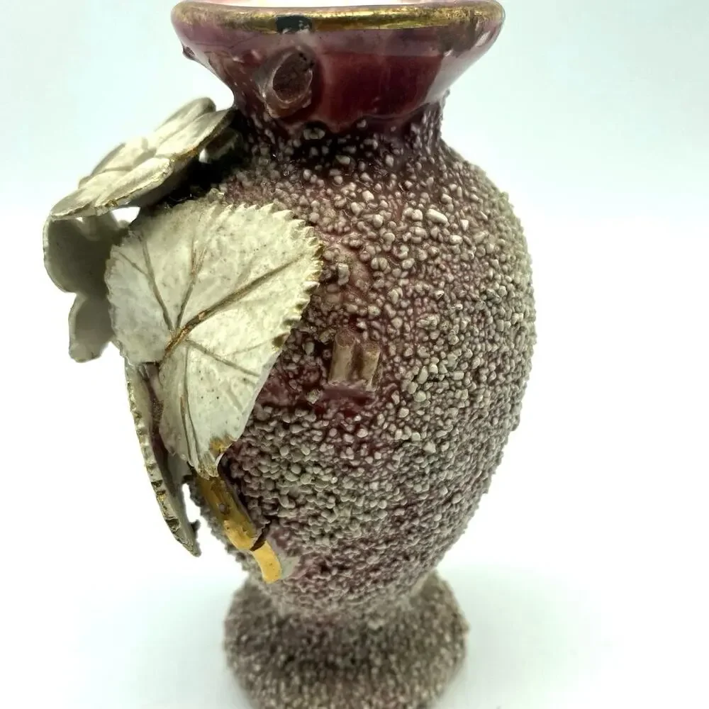 Vintage Sand Majolica Vase‎ Pink Amphora Applied Flowers barbotine gilded